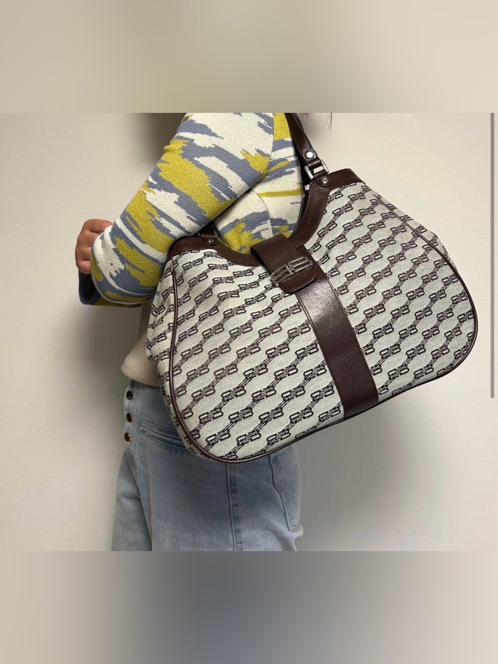Balenciaga Cream Canvas Shoulder Bag with Brown Leather Trim